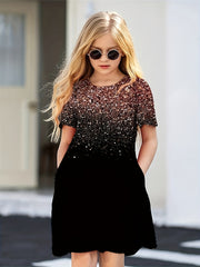 Girls Sequin Print Short Sleeve Dress for Summer
