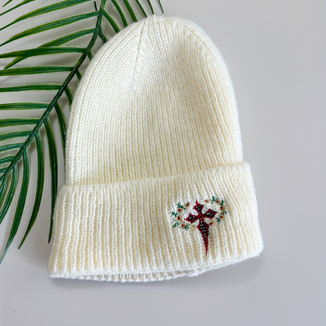 Gothic Cross Embroidery Beanie Apricot Unisex Knit Hat Elastic