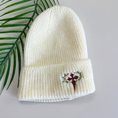 Gothic Cross Embroidery Beanie Apricot Unisex Knit Hat Elastic