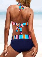 Colorful Strip Print Halter 2 Piece Bikini Set