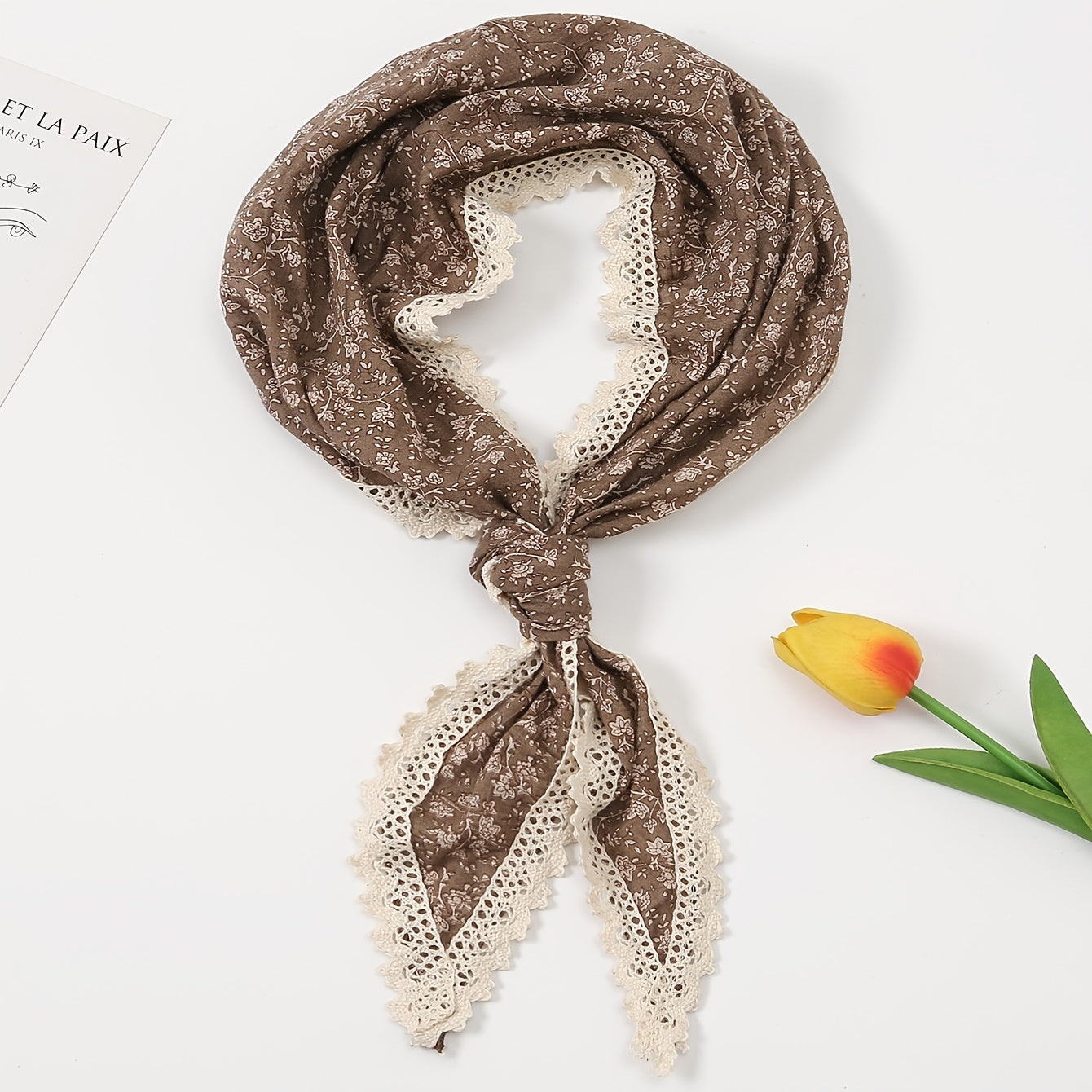 Brown Floral Lace Triangle Scarf Women Casual Hair Accessories Silk Scarf