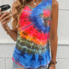 Tie Dye Print Pocket Tank Top V Neck Summer Sleeveless