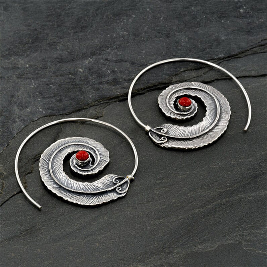Vintage Geometric Spiral Feather Earrings Engraved Boho Style Dangle Earrings