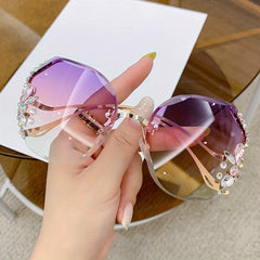 Ombre Lens Sunglasses Rhinestone Decor Oversized Rimless Eyewear UV400