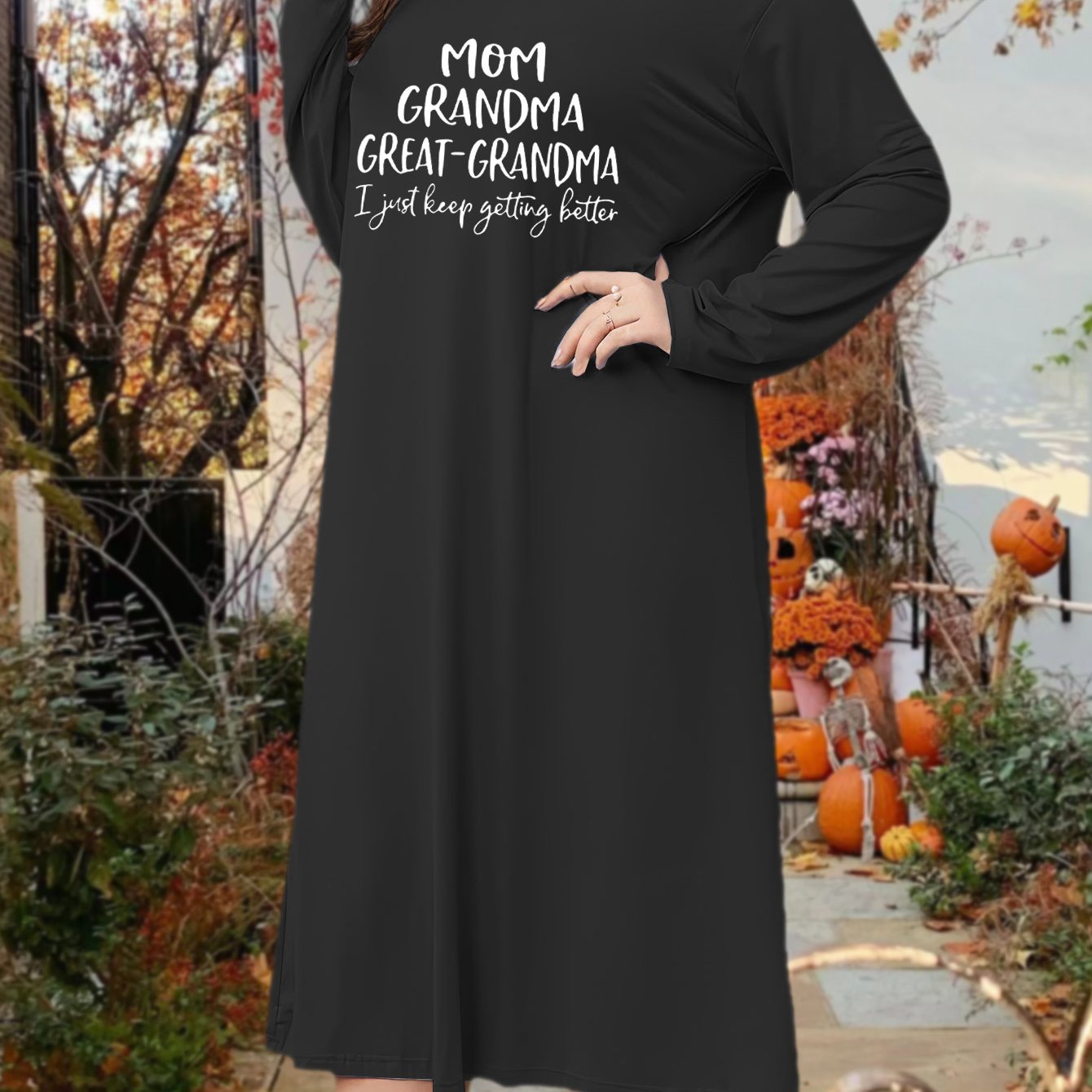 Lounge Dress Women's Plus Letter Print Long Sleeve Round Neck Tee
