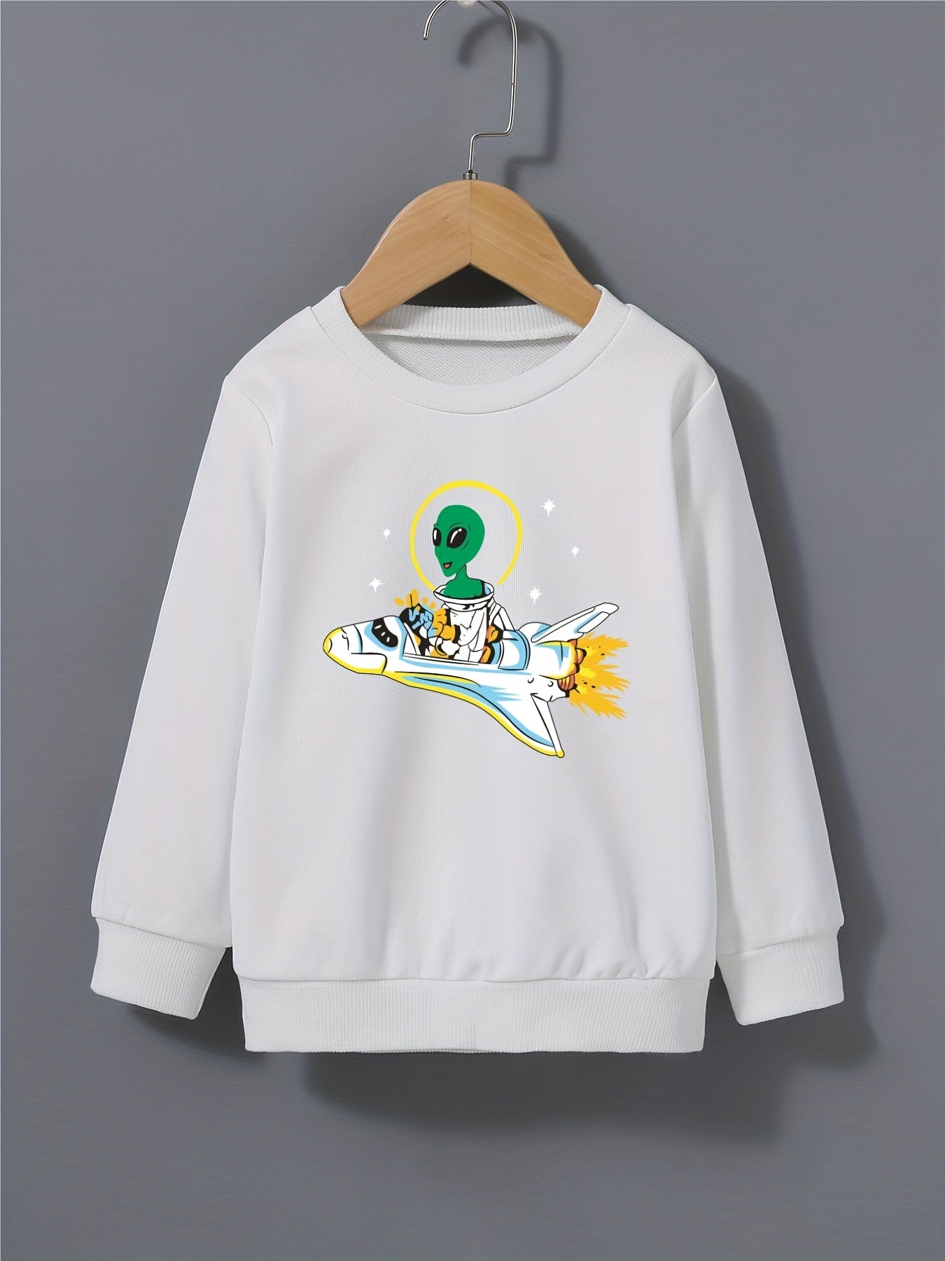 Boys Space Alien & Airplane Print Sweatshirt Crew Neck Top