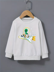 Boys Space Alien & Airplane Print Sweatshirt Crew Neck Top