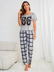 Plaid Print Pajama Set Short Sleeve Tee & Elastic Waistband Pants