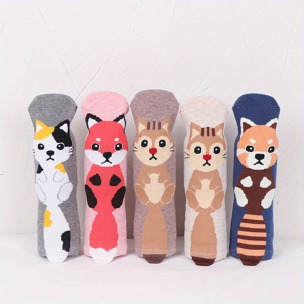 5 Pairs Girls Teens Animal Cat Fox Crew Socks Cotton Mid Tube Sports Socks