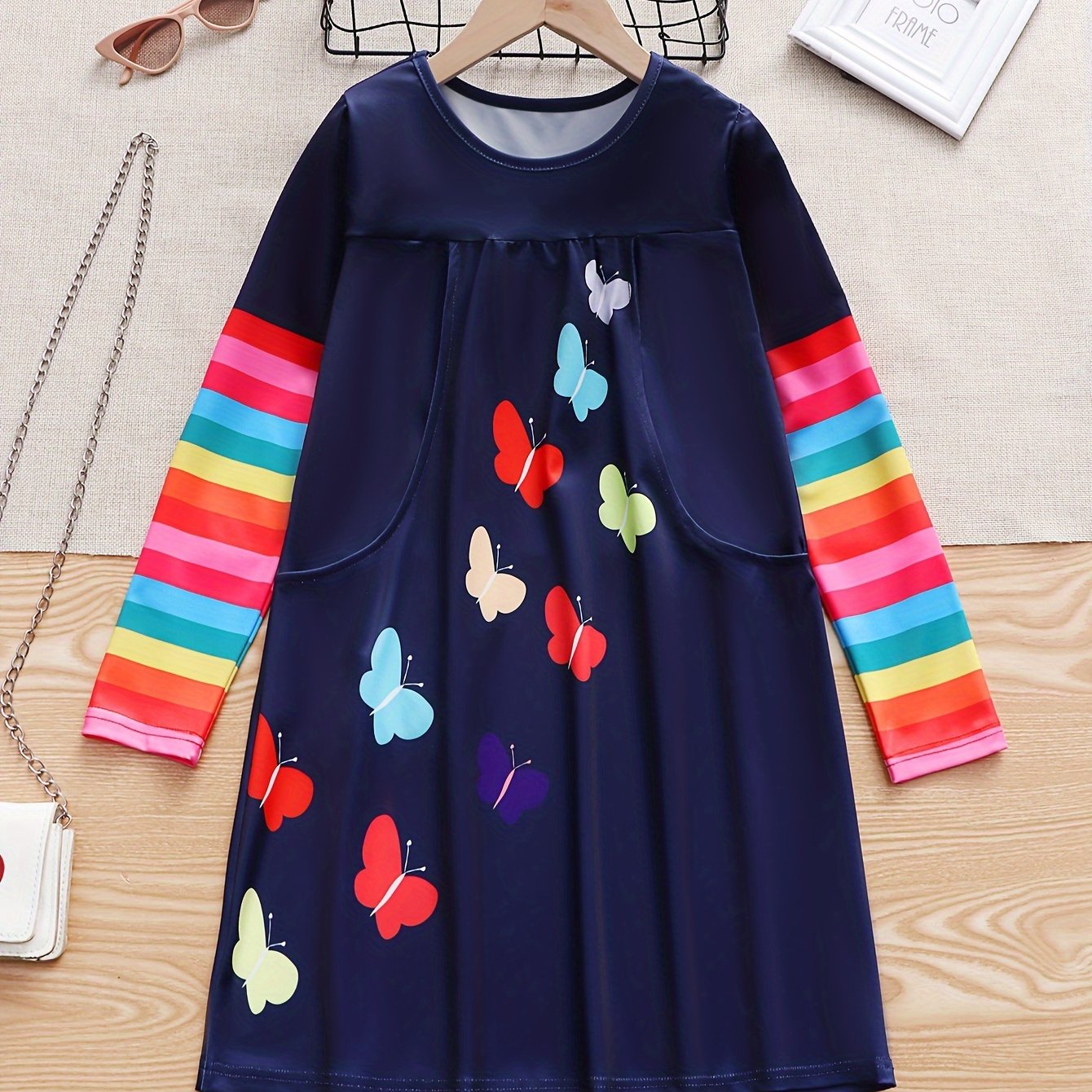 Girls Rainbow Long Sleeve Butterfly Dress Spring Fall Party