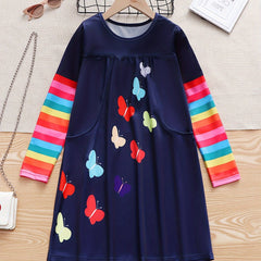Girls Rainbow Long Sleeve Butterfly Dress Spring Fall Party