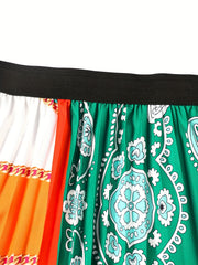Colorblock Paisley Print Pleated Skirt
