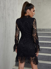 High Collar Lace Trim Wedding Dress Bodycon Long Sleeve Mini Dress
