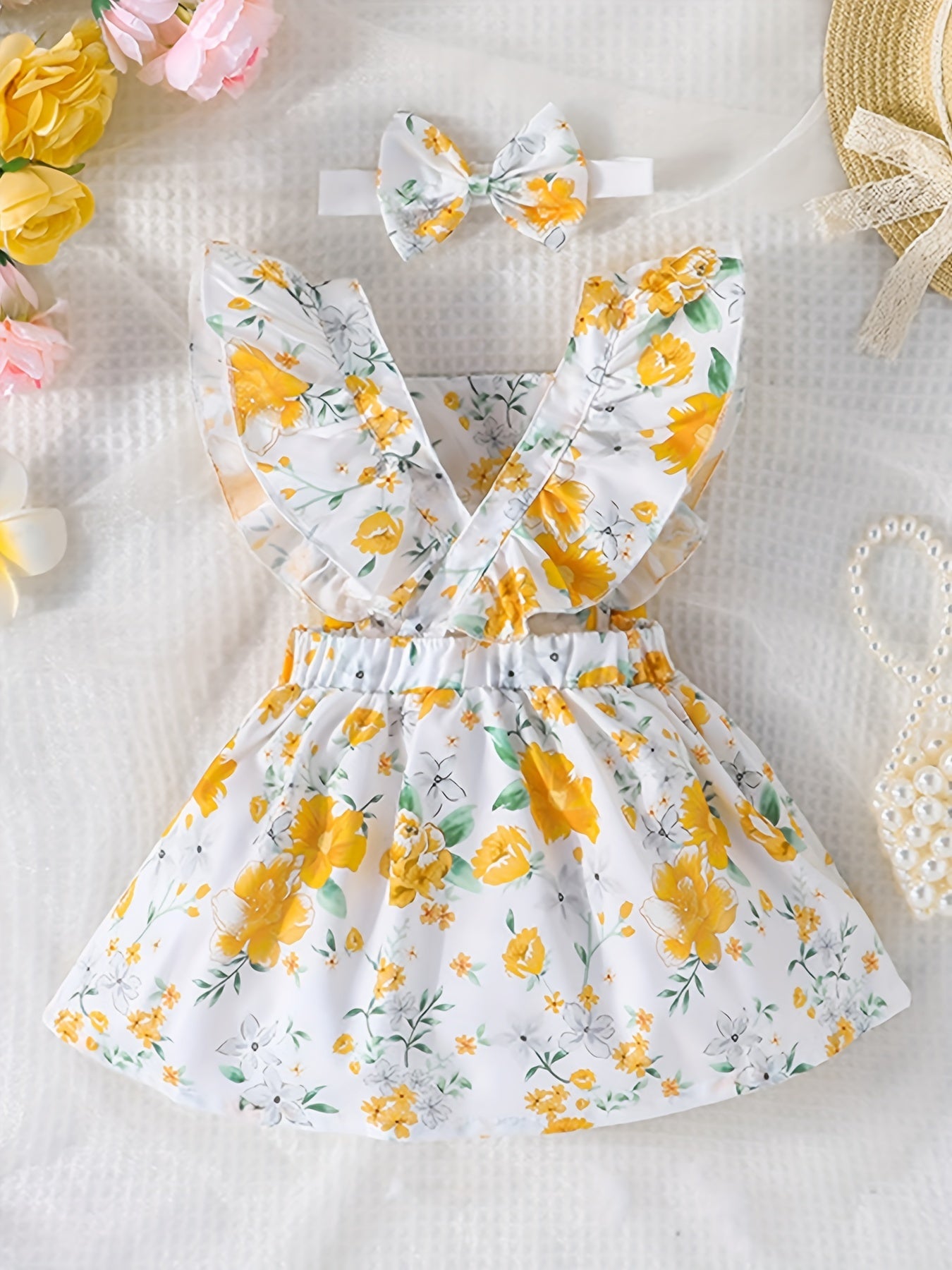 2pcs Baby Girls Floral Dress & Headband Set Clothes
