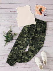 2pcs Girls CONFIDENT Graphic Tank Tops & Camo Pants Set Summer Clothes