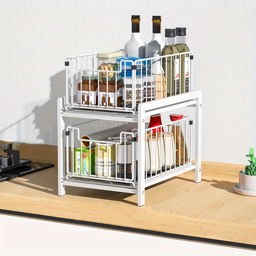 2 Tier Sliding Basket Drawer Organizer for Kitchen and Bathroom Storage