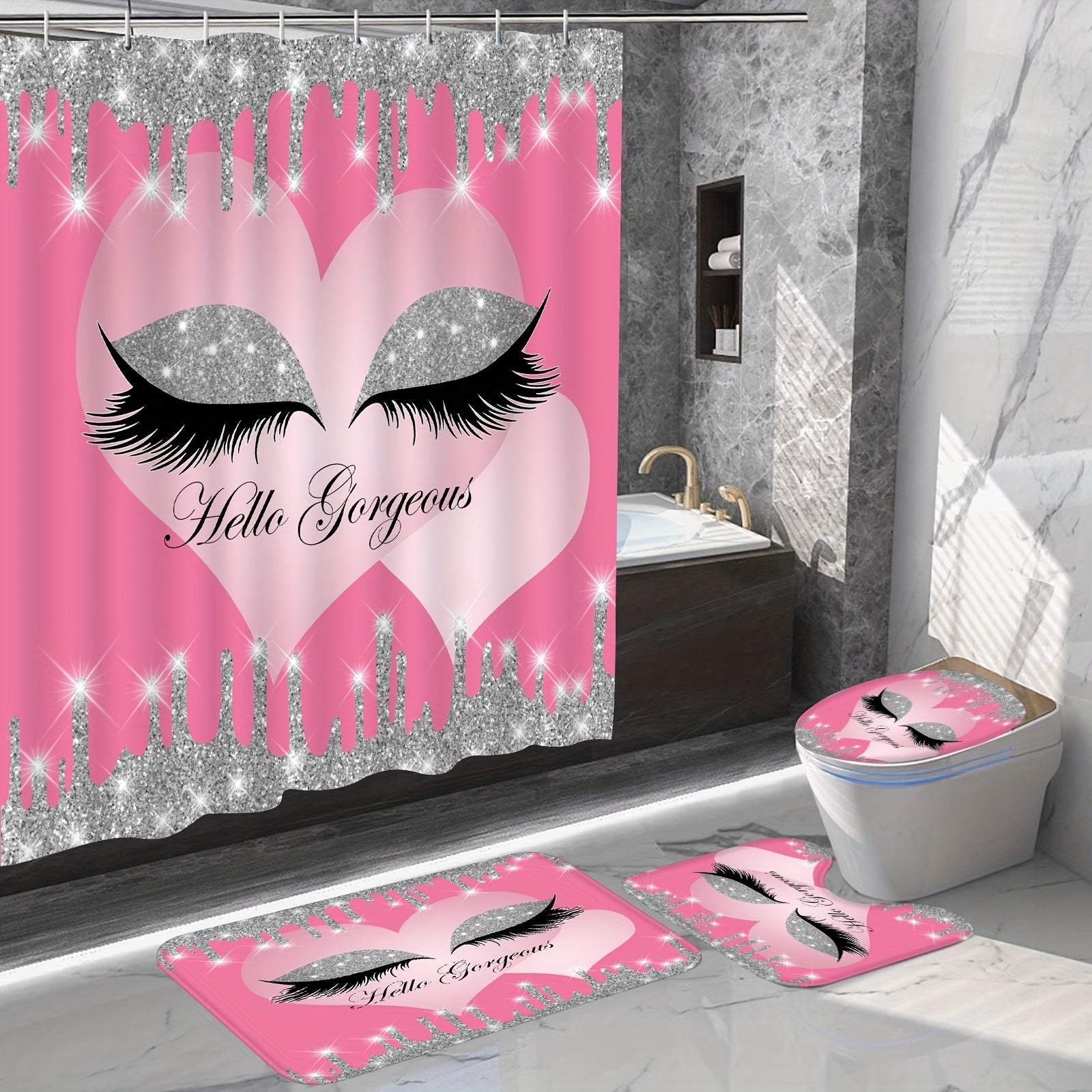 Sparkling Eyelash Shower Curtain Set with Non Slip Bath Mat