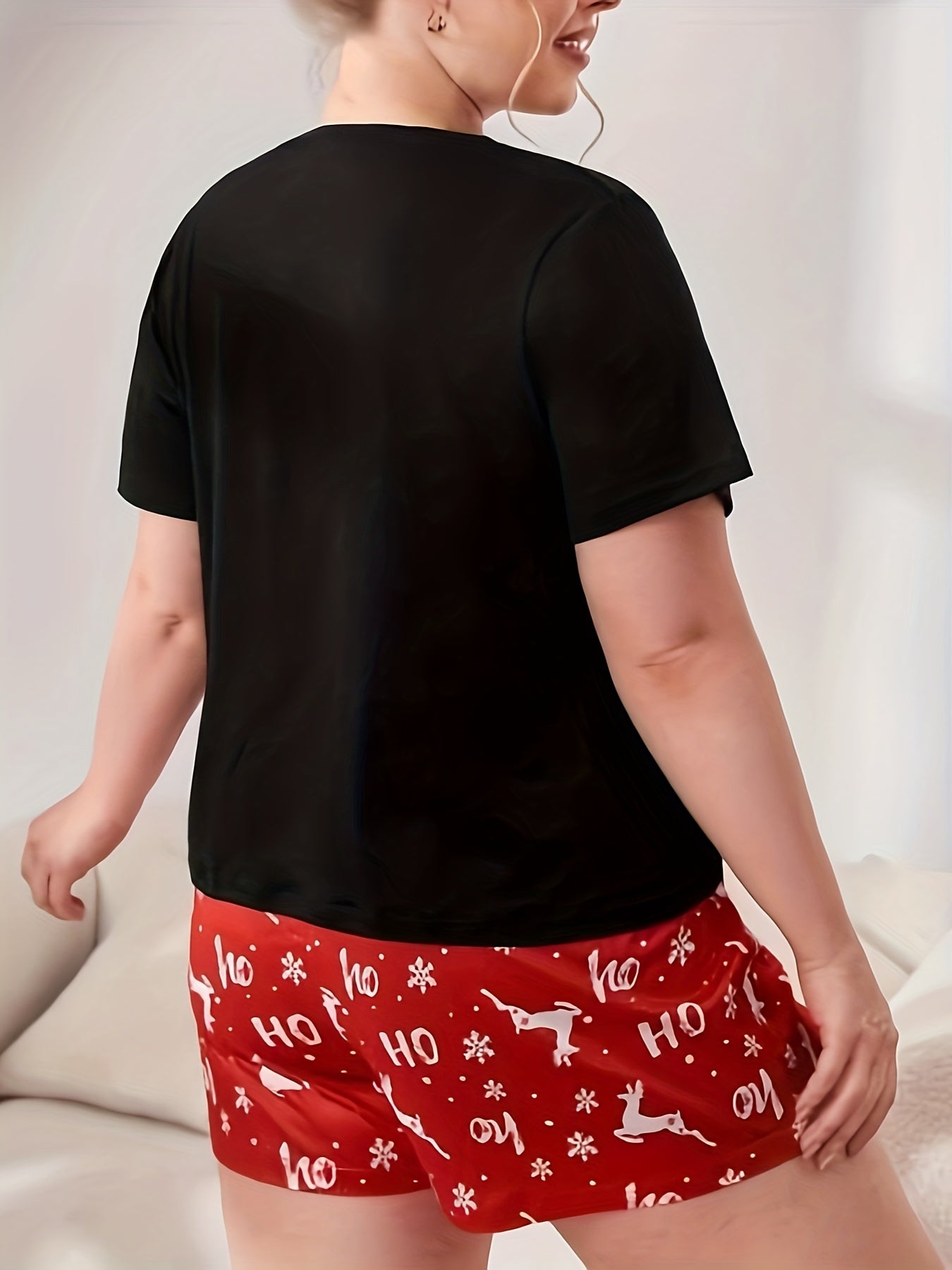 Christmas Lounge Set Elk Print Short Sleeve Tee & Shorts Pajama Set