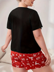 Christmas Lounge Set Elk Print Short Sleeve Tee & Shorts Pajama Set