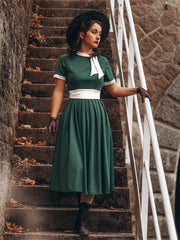 Plus-Size Colorblock Bow Knot Swing Dress