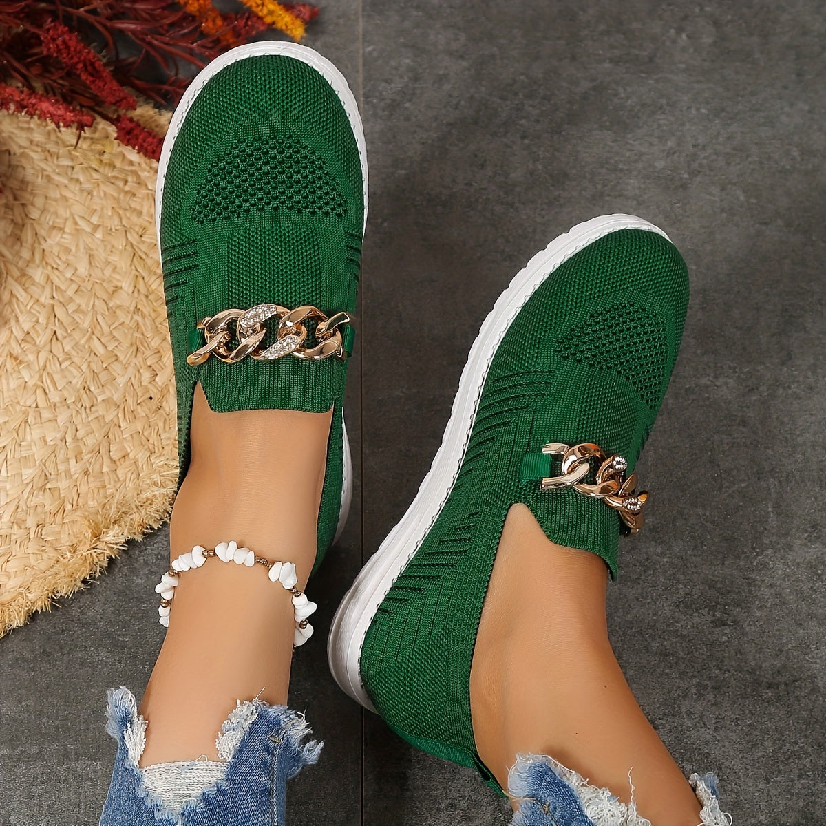 Women's Chain Decor Mesh Slip On Flatform Shoes Lightweight Walking Shoes