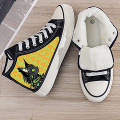 Cat Print Plush Lined Chunky Canvas Sneakers Fall Winter Warm Non Slip Shoes
