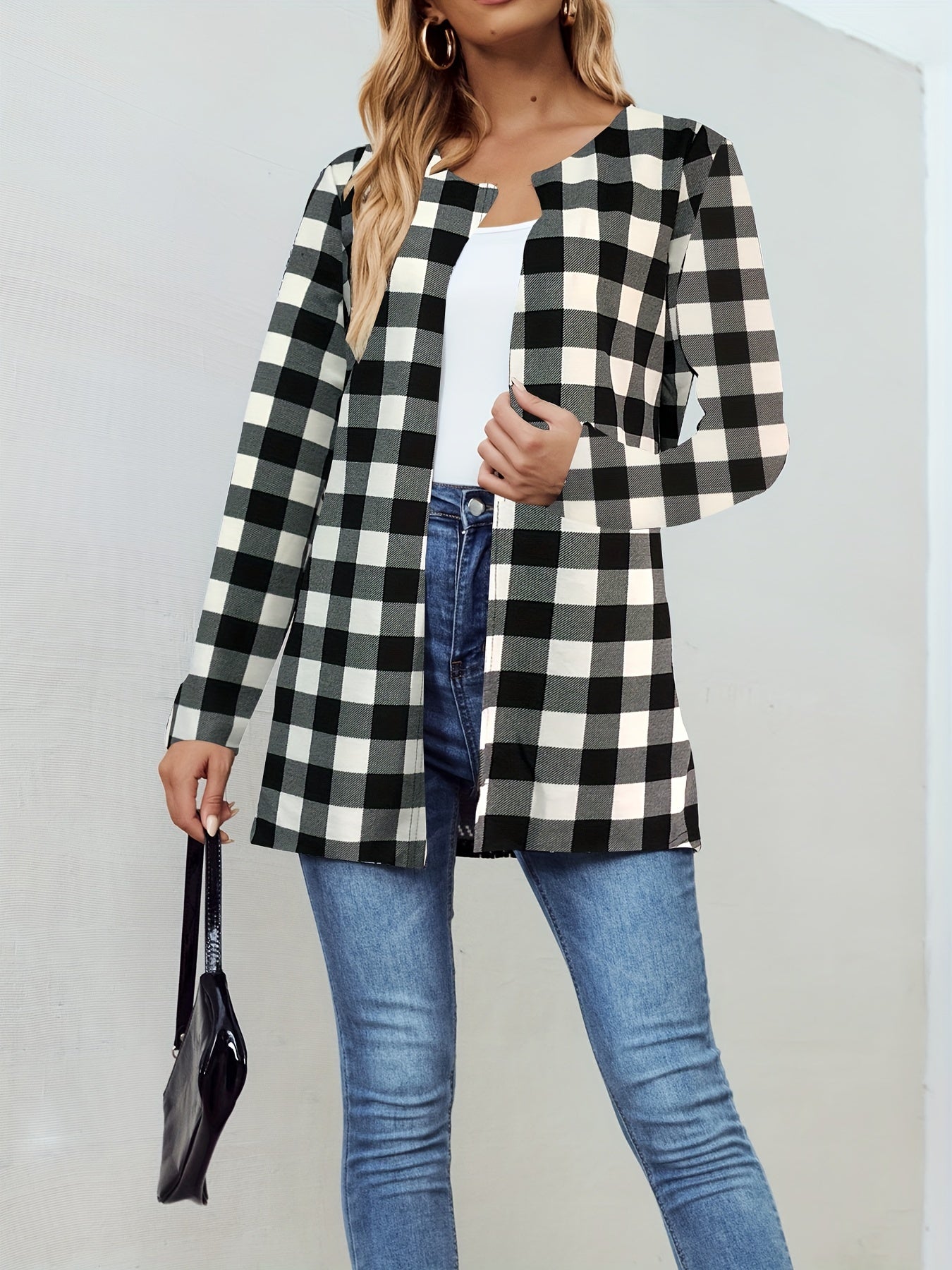 Gingham Print Open Front Jacket Long Sleeve