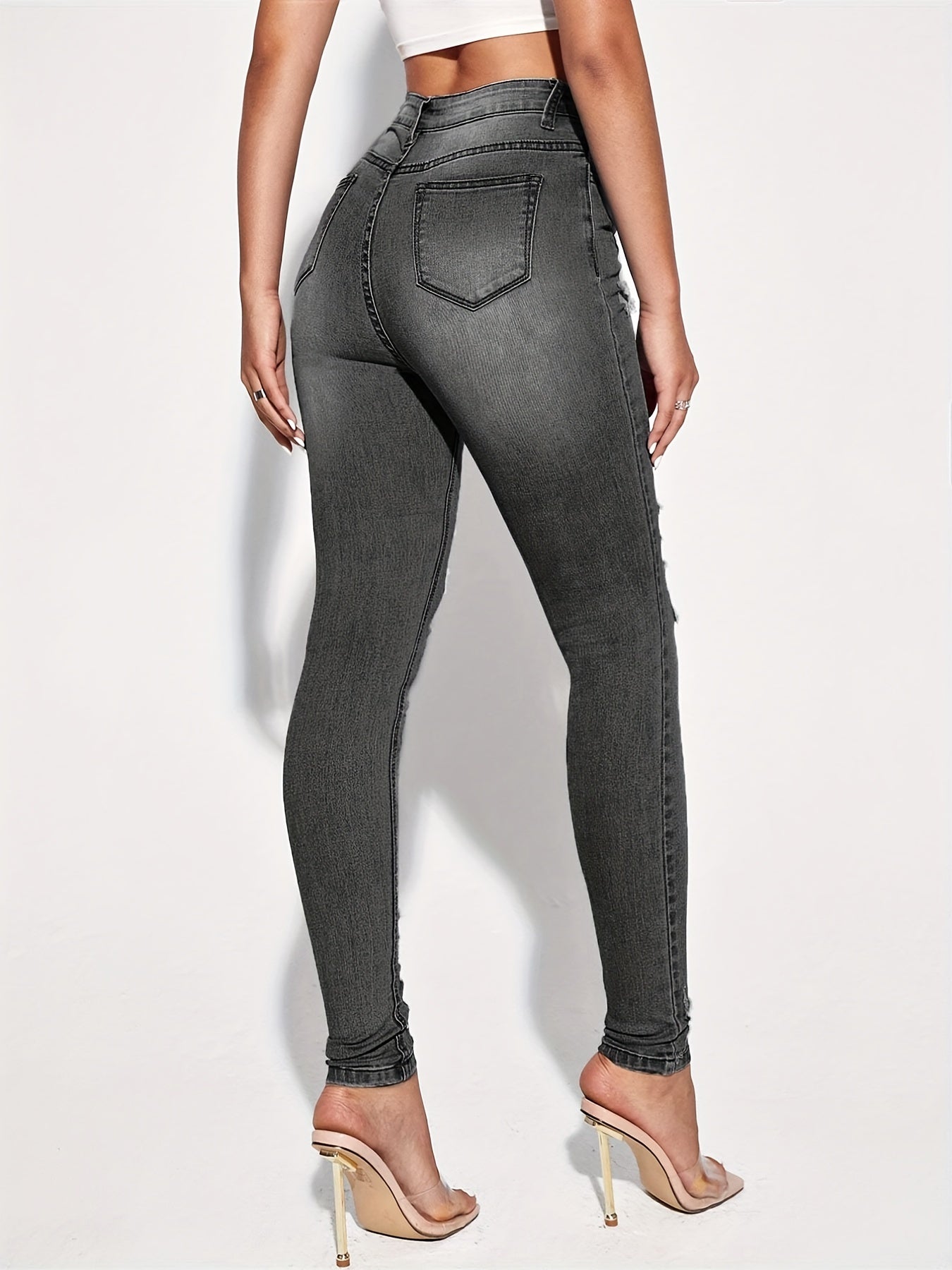 High Rise Ripped Skinny Jeans Distressed Washed Slash Pocket