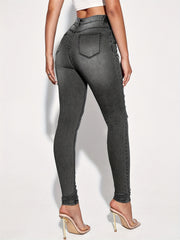 High Rise Ripped Skinny Jeans Distressed Washed Slash Pocket