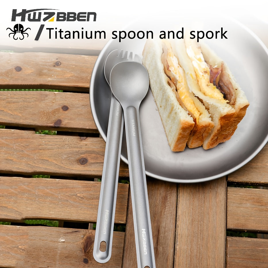 HWZBBEN Titanium Long Handle Fork & Spoon Set for Camping