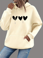 Heart Print Kangaroo Pocket Hoodie Long Sleeve Drawstring Hoodie