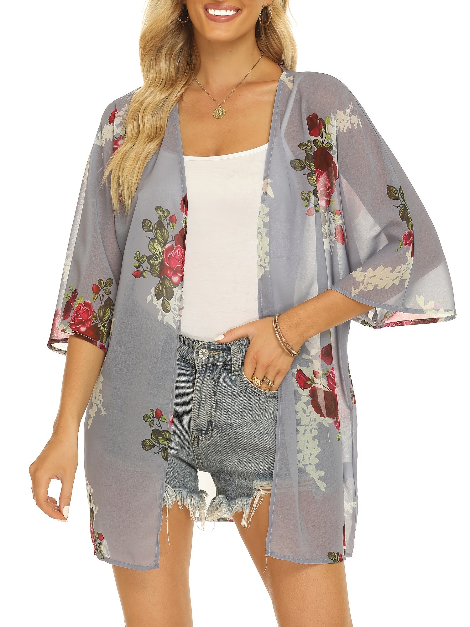 Floral Print Cover Up Tops Long Sleeve Rash Guard Semi Sheer Loose Fit