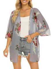 Floral Print Cover Up Tops Long Sleeve Rash Guard Semi Sheer Loose Fit