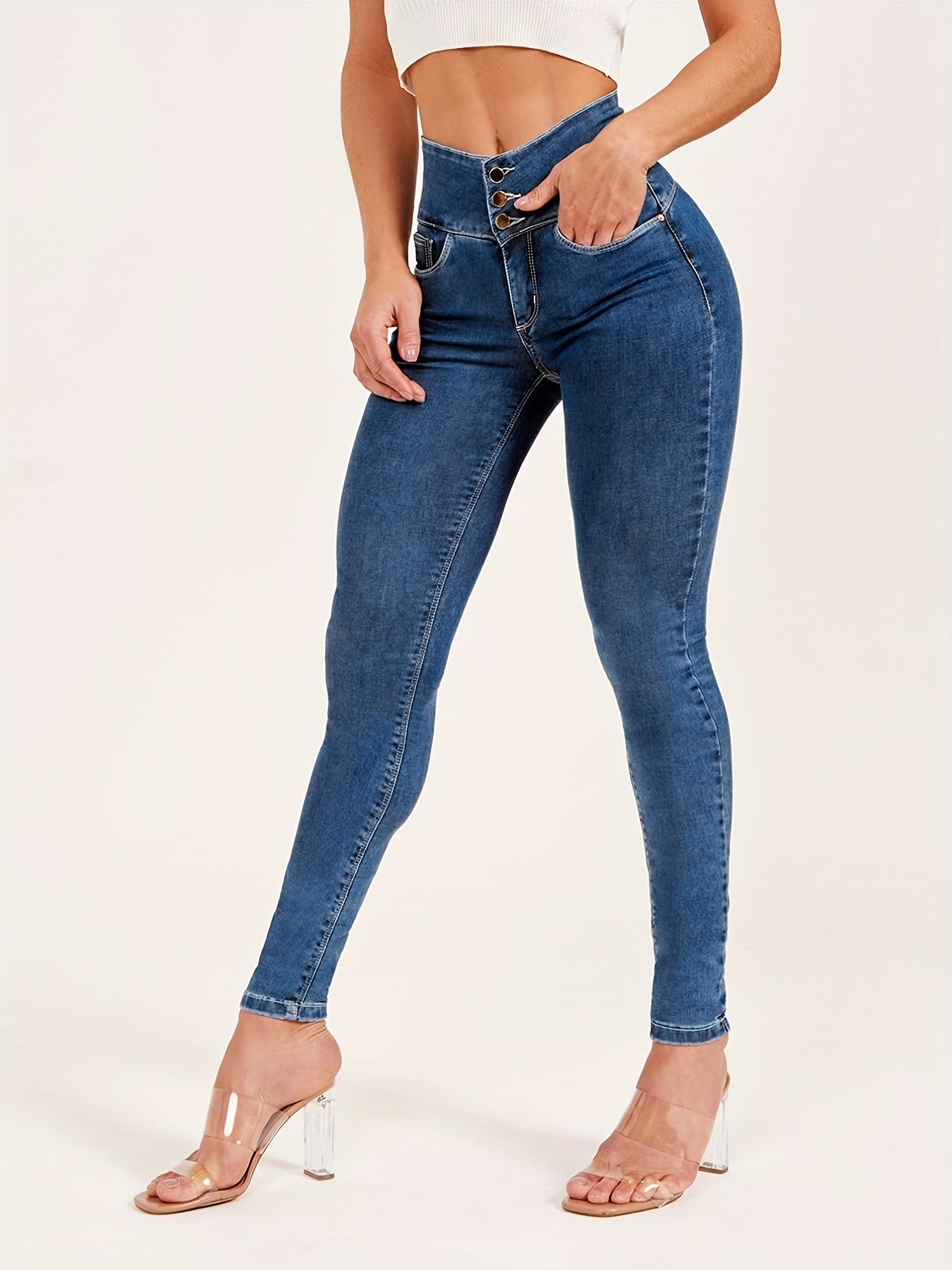 High Waist Skinny Jeans button Solid Denim Pants