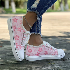 Women's Floral Print Canvas Sneakers Pink Low Top Flat Shoes