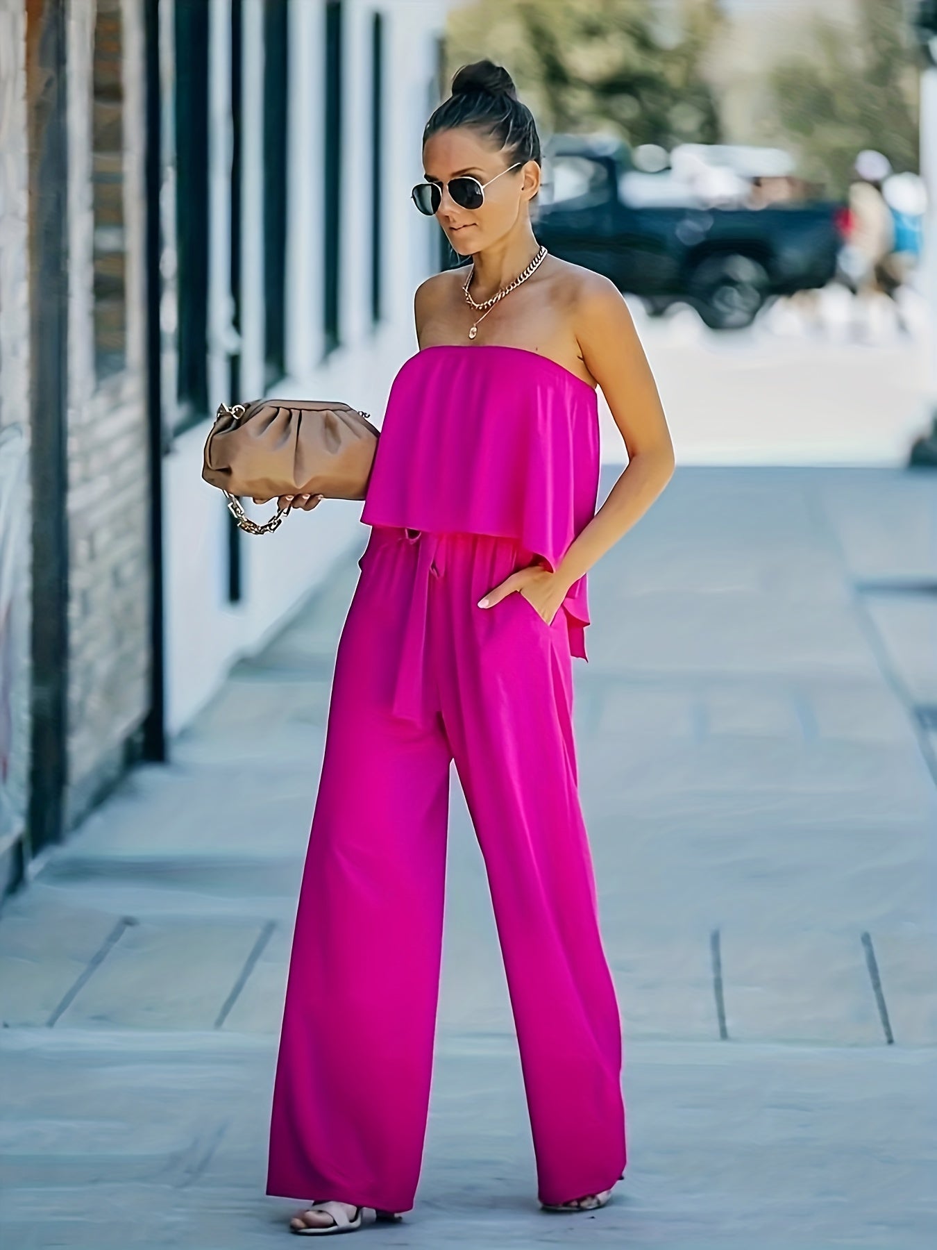 Off Shoulder Wide Leg Jumpsuit Tie Waist Solid Color