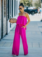Off Shoulder Wide Leg Jumpsuit Tie Waist Solid Color