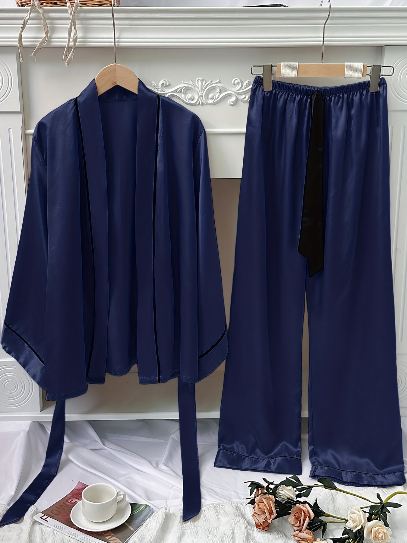 Satin Pajama Set with Long Sleeve Robe & Lace Up Pants