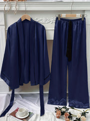Satin Pajama Set with Long Sleeve Robe & Lace Up Pants