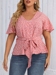 Heart Print Short Sleeve Peplum Top With Belt