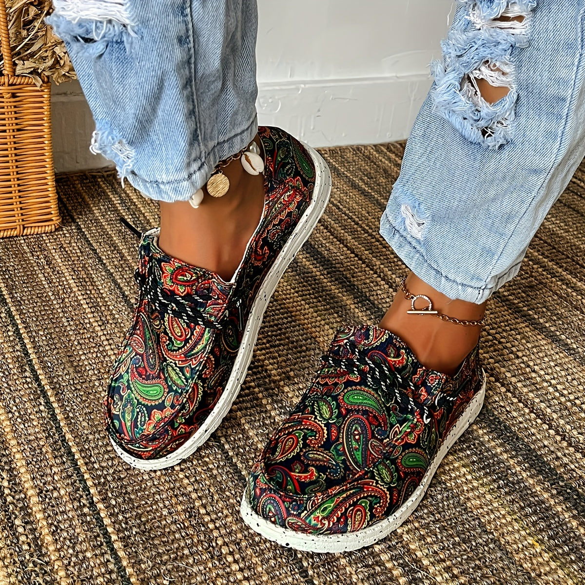 Women's Paisley Canvas Shoes Lace Up Lightweight Sneakers