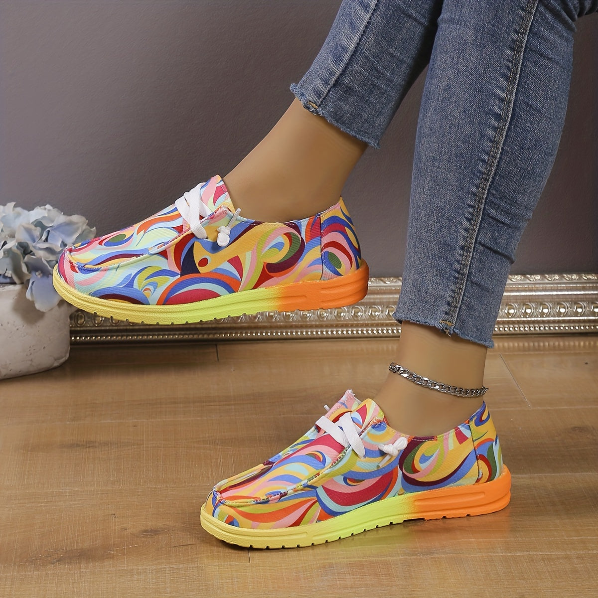 Women's Abstract Pattern Canvas Lace-Up Low Top Slip-On Shoes