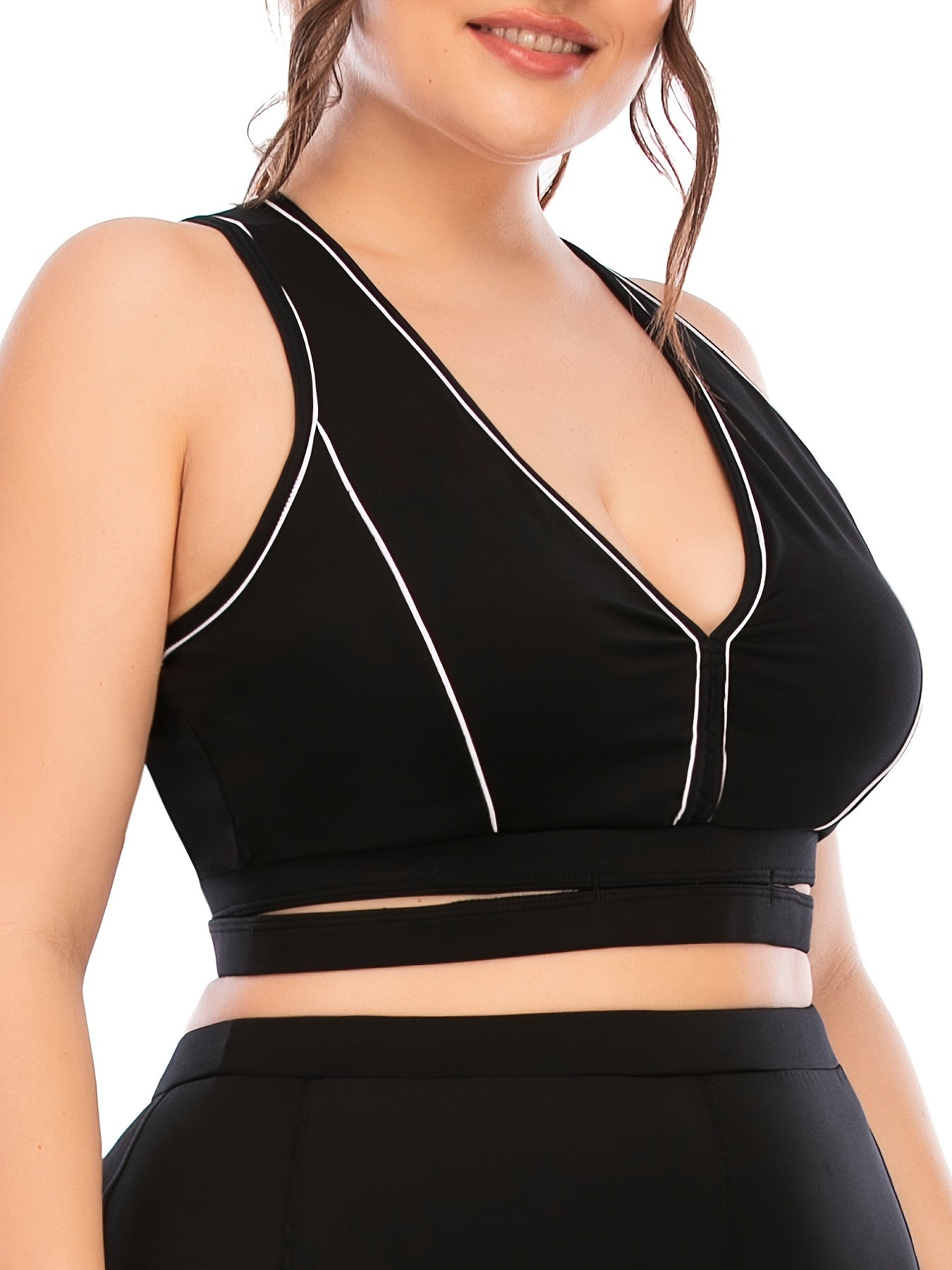 Strip Print V Neck Sports Bra Medium Stretch Fitness Bra