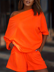 Women's 2pc Casual Set Crew Neck 3/4 Sleeve Tops & Shorts Outfit