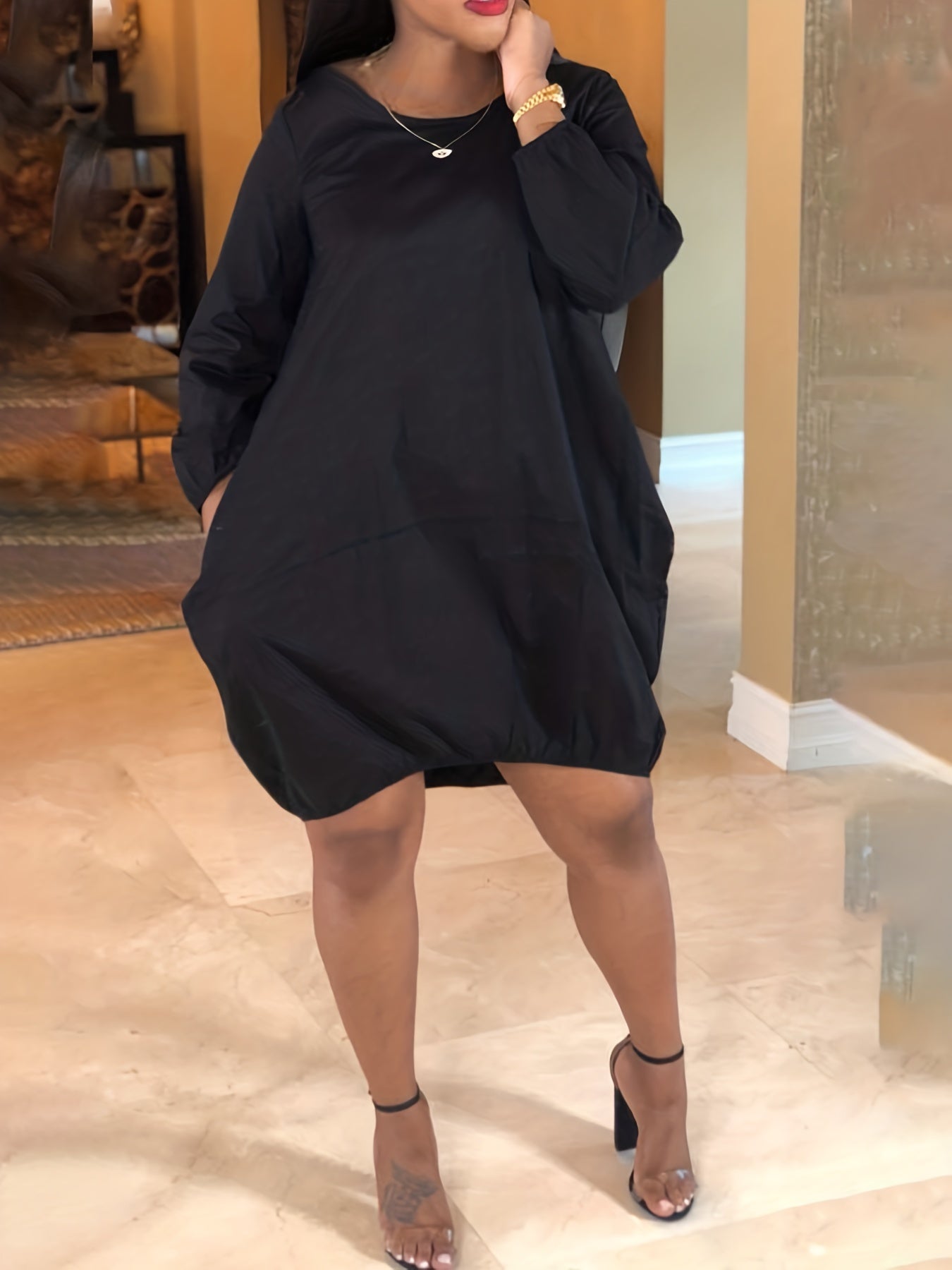 Casual Long Sleeve Round Neck Dress with Pockets