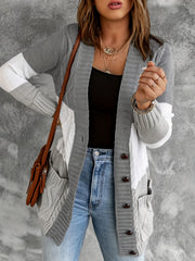Colorblock Twist Textured Pocket Knitted Cardigan Outwear