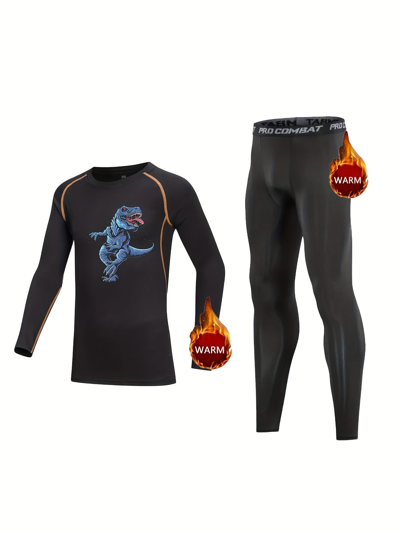Kids Fleece Lined Dinosaur Print Compression Base Set