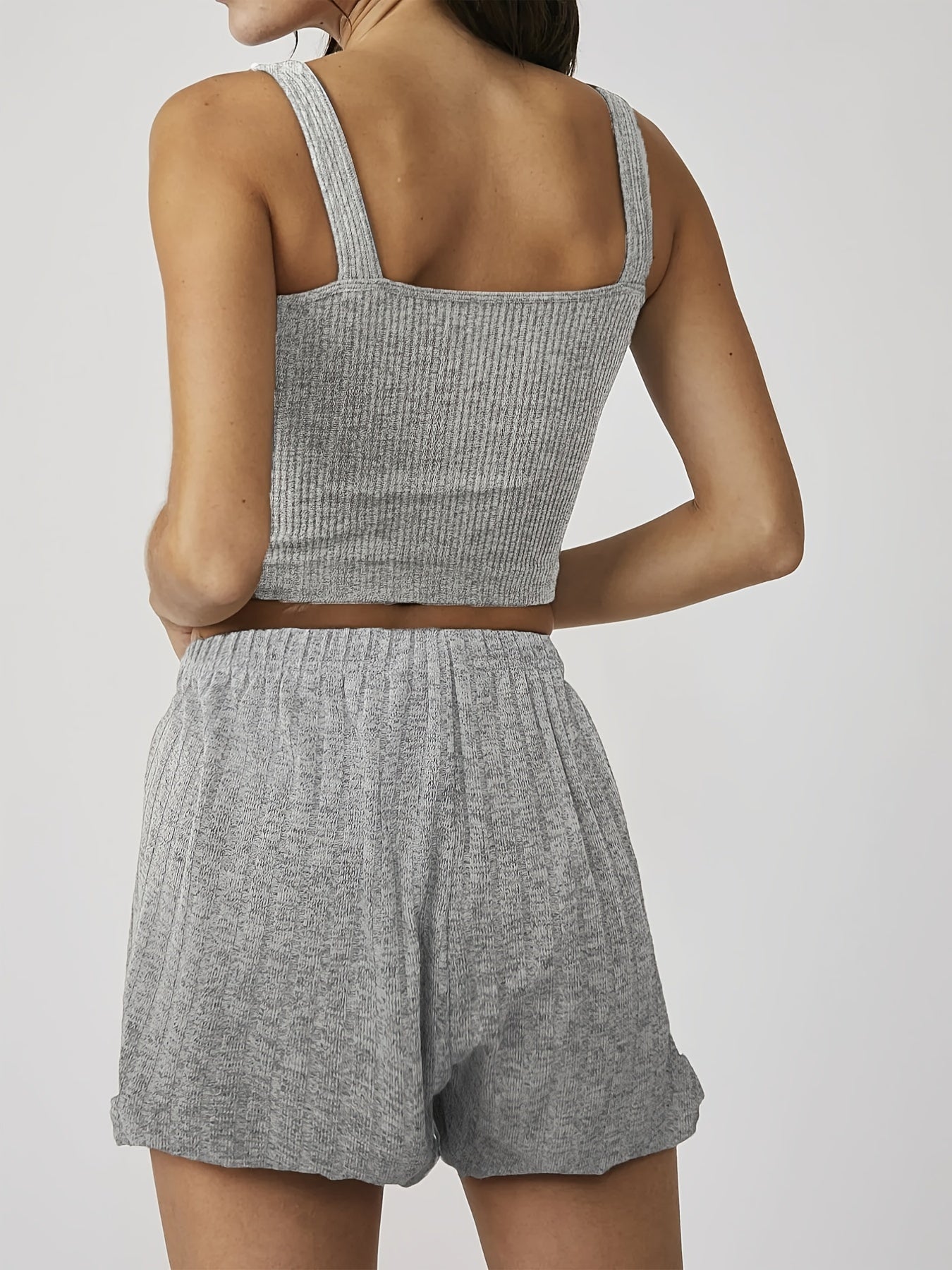Casual Crew Neck Button Tank Top & Shorts Set for Summer