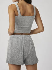 Casual Crew Neck Button Tank Top & Shorts Set for Summer