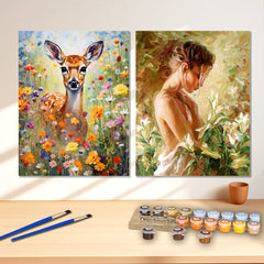 2pcs Backlit Girl and Deer Hidden in Flowers DIY Acrylic Painting Kit